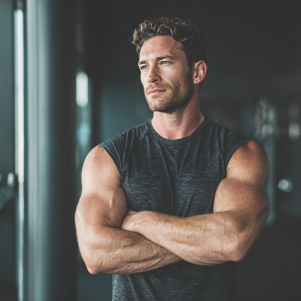Confident muscular man in modern gym setting, focused and determined during workout