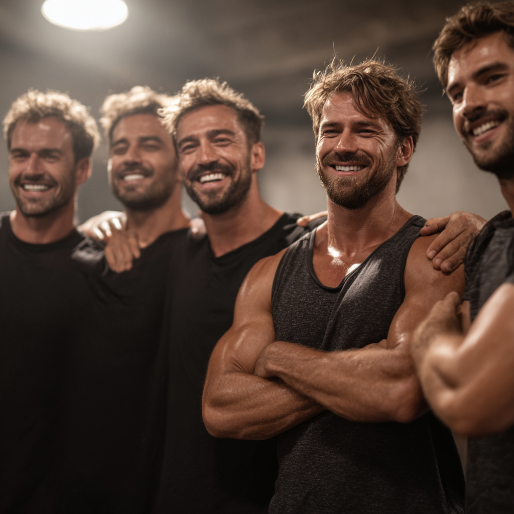 Group of successful men celebrating fitness achievements, showing confidence and brotherhood